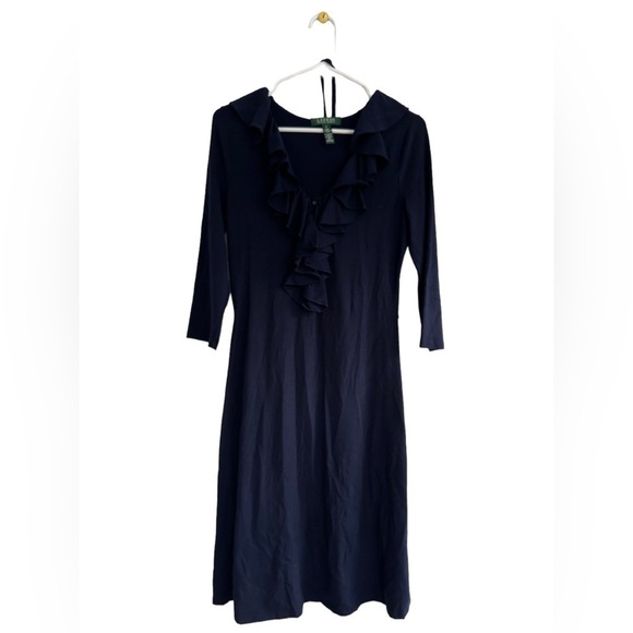 Lauren Ralph Lauren Navy Fit & Flare Ruffled Knit 3/4 Sleeve Dress Size Small - Picture 1 of 3